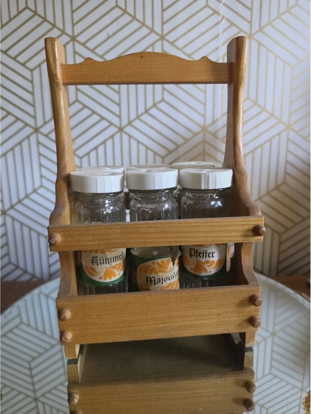 Vintage Wooden Spice Caddy W 6 Glass Jars With Dispenser Lids